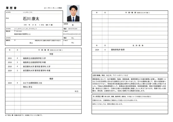 薬剤師の履歴書実例（20代・経験1〜3年）1枚目