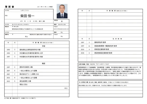 薬剤師の履歴書実例（50代・経験10年以上）1枚目