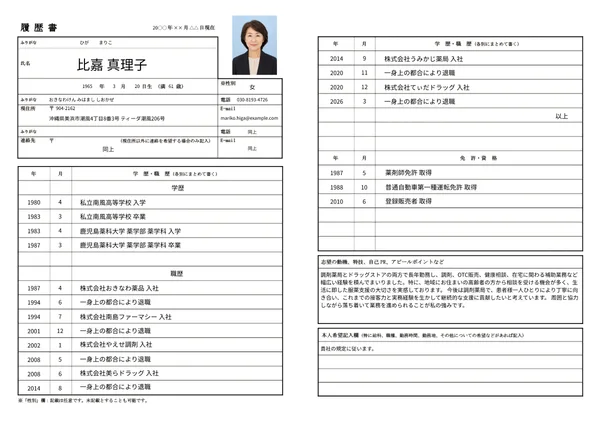 薬剤師の履歴書実例（60代・経験10年以上）1枚目