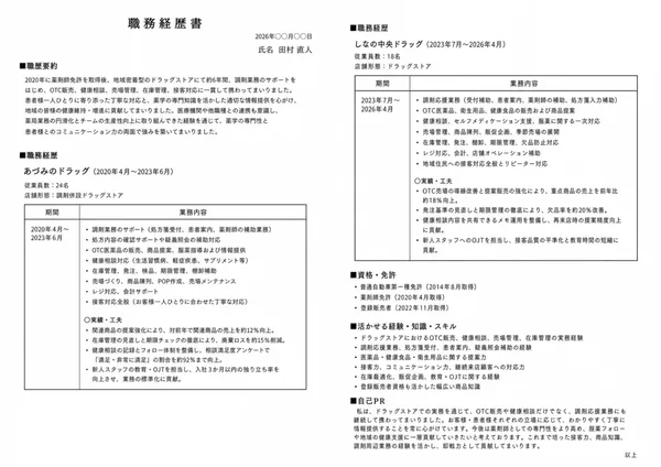 薬剤師の職務経歴書見本（20代・経験5〜10年）