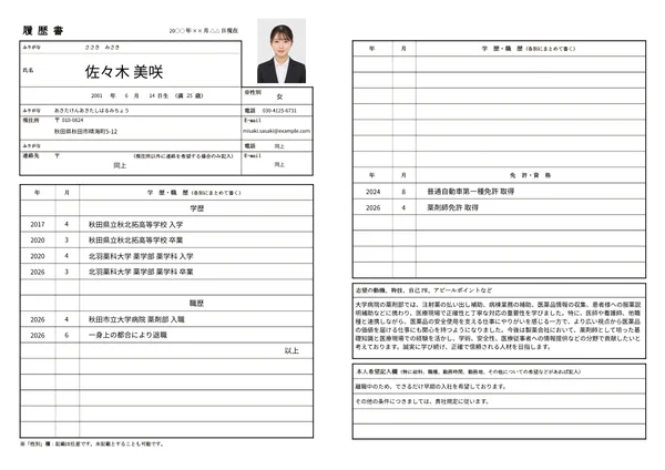 薬剤師の履歴書実例（20代・経験1年未満）1枚目