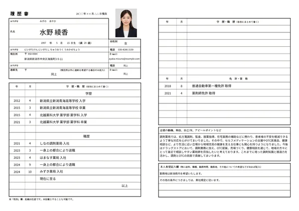 薬剤師の履歴書実例（20代・経験5〜10年）1枚目