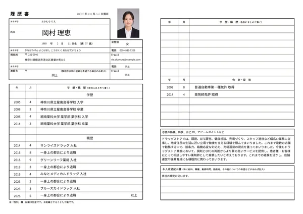 薬剤師の履歴書実例（30代・経験10年以上）1枚目