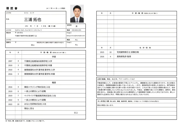 薬剤師の履歴書実例（30代・経験10年以上）1枚目