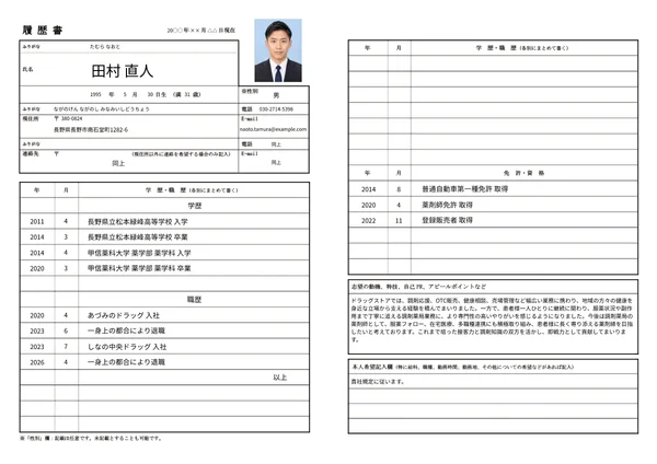 薬剤師の履歴書実例（30代・経験5〜10年）
