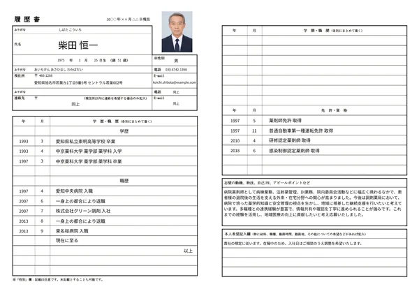 薬剤師の履歴書実例（50代・経験10年以上）1枚目