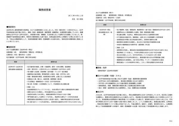 薬剤師の職務経歴書実例（20代・経験1〜3年）