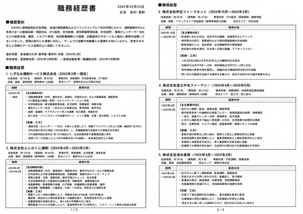 薬剤師の職務経歴書実例（50代・経験10年以上）